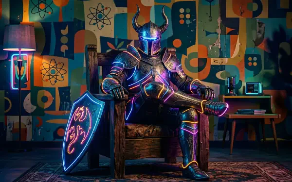 Neon cyberpunk knight in retro sci-fi armor sits in a chair, glowing shield and horned helmet, vivid neon palette — 5K Ultra HD PC desktop wallpaper/background