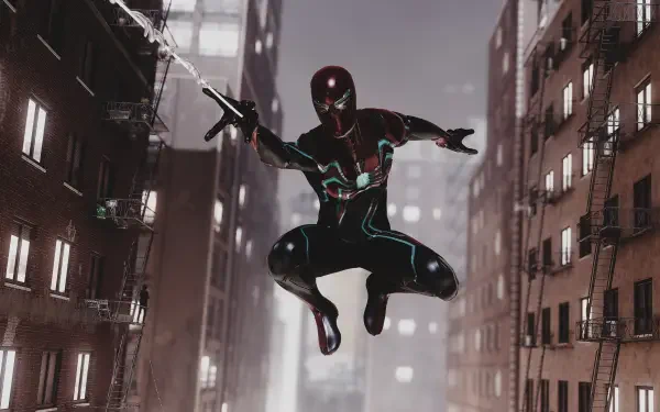 Screenshot from Marvel's Spider-Man Remastered: Spider-Man in a black-and-red suit mid-leap between rain-drenched city buildings — 2K Quad HD PC desktop wallpaper/background.