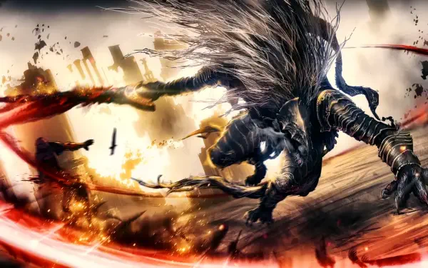 2K Quad HD PC desktop wallpaper of a Souls-like Elden Ring boss fight: Maliketh the Black Blade lunges across a fiery battlefield, dark armored wolf form with red energy slashes.