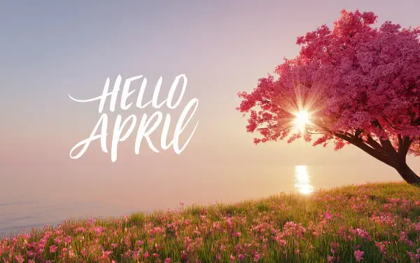 2K Quad HD PC desktop wallpaper background: Hello April script over a calm spring seascape with a pink cherry blossom tree and sunrise glowing over a flowered meadow.