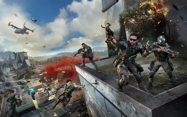 Call of Duty: Black Ops 7 video game 2K Quad HD PC desktop wallpaper background: armed operators on a rooftop engage amid explosions, helicopters and drones over a burning city skyline.