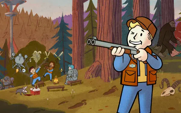 Vault Boy (Fallout 76) in hunting gear holds a shotgun at a forest campsite with campers and robots — 2K Quad HD PC desktop wallpaper/background