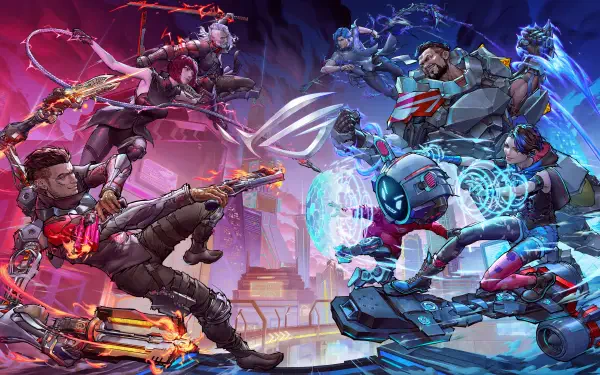 High-energy Asus ROG 4K Ultra HD PC desktop wallpaper showing a sci-fi video game battle: armored heroes and futuristic robots exchanging plasma fire across a neon-lit cityscape.