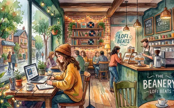 Cozy lofi coffeehouse interior with sunlit windows, patrons, barista, vinyl shelves and a student working on a laptop — 5K Ultra HD PC desktop wallpaper background.