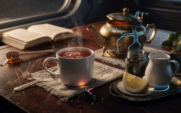 4K Ultra HD PC desktop wallpaper of a steaming cup of black tea on a wooden table with lemon, milk jug, ornate teapot and an open book bathed in soft window light.