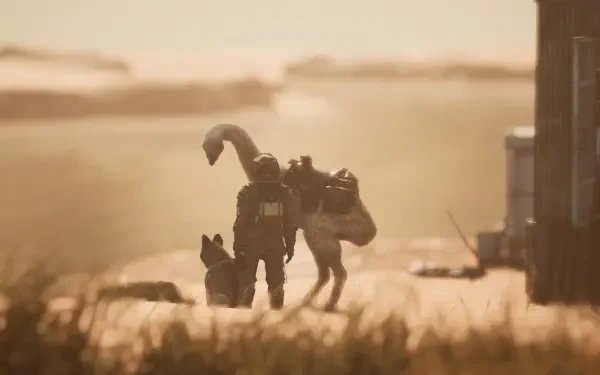 ICARUS video game HD PC desktop wallpaper/background: silhouetted survivor and canine companion walk across marsh toward a hazy golden horizon.