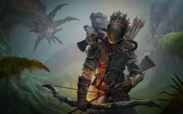 ICARUS video game hunter in armored suit and helmet, holding a bow amid a misty alien jungle with flying creatures — 2K Quad HD PC desktop wallpaper/background.