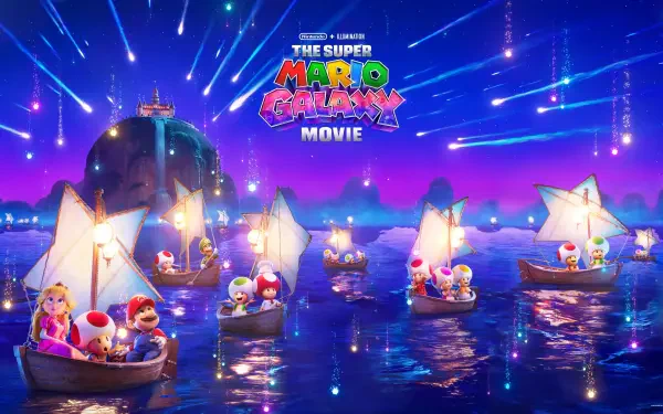 4K Ultra HD PC wallpaper/background from The Super Mario Galaxy Movie: Mario, Peach and Toads sail in glowing, star-shaped boats across a purple, starlit sea.