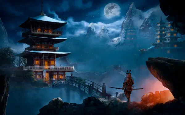 4K Ultra HD PC desktop wallpaper and background: lone samurai on a rocky ridge watching an illuminated pagoda and bridge beneath a full moon and misty mountain peaks.