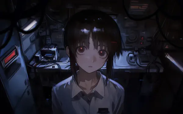 Retro anime 2K Quad HD desktop wallpaper of Lain Iwakura (Serial Experiments Lain): lone anime girl in a dim, cable-filled cyberroom, soft light on her face.