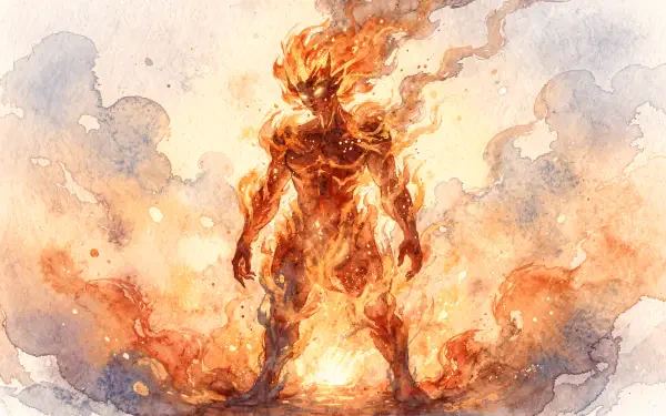 4K Ultra HD PC desktop wallpaper and background showing a towering fire elemental — a humanoid figure of roaring flames and embers, standing amid smoky, watercolor-like clouds.