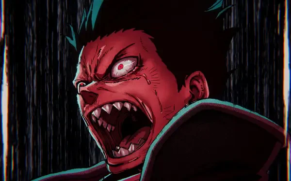 Fire Force anime 5K UHD desktop wallpaper: Shinra Kusakabe screaming in rage, eyes blazing, fanged mouth open, face twisted in despair against a dark, rain-streaked background.