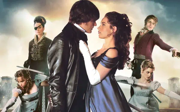 4K Ultra HD PC wallpaper: Pride and Prejudice and Zombies — a Regency couple face-to-face, surrounded by sword‑wielding allies and looming undead under a stormy sky.