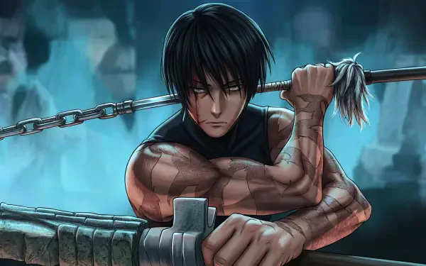 5K Ultra HD PC desktop wallpaper: Maki Zenin (Jujutsu Kaisen 3rd Season), muscular anime girl gripping a chained pole, intense glare, moody blue-lit background.