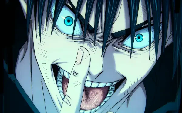 Close-up of Megumi Fushiguro from Jujutsu Kaisen 3rd Season, manic grin and glowing cyan eyes with finger to lips — 5K Ultra HD PC desktop wallpaper/background.