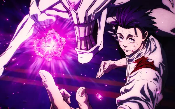 Jujutsu Kaisen 3rd Season anime 5K Ultra HD PC wallpaper: Yuta Okkotsu reaches for a glowing purple orb as Rika, the cursed spirit, looms behind.