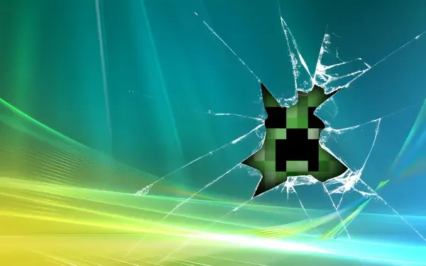 4K Ultra HD PC desktop wallpaper: Windows background with a broken screen hole revealing a pixelated Minecraft Creeper face.