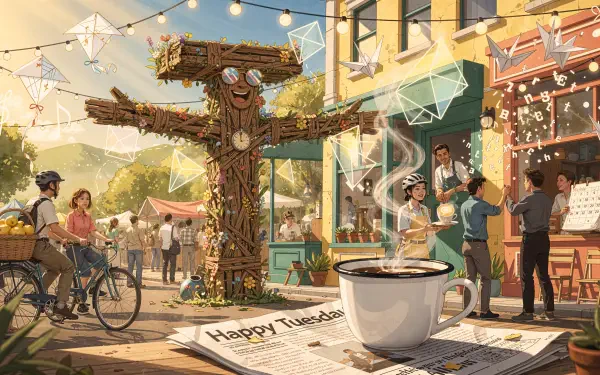 Sunlit market street with string lights, a smiling tree-scarecrow, people and a coffee cup on a Happy Tuesday newspaper — 4K Ultra HD PC wallpaper and background.