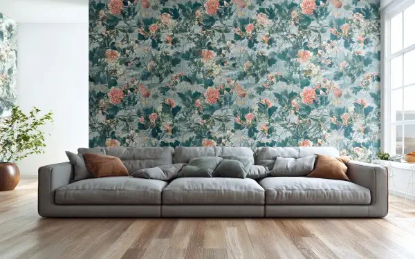 Peel And Stick floral wallpaper behind a gray sofa with throw pillows in a bright living room interior decor — 2K Quad HD PC desktop wallpaper and background