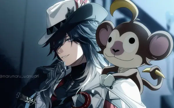 Ashveil from Honkai: Star Rail, smirking with a cheeky monkey companion on an HD PC desktop wallpaper, cool-toned city background.