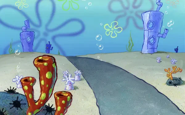 2K Quad HD PC desktop wallpaper from the TV show SpongeBob SquarePants showing an empty Bikini Bottom street with coral formations, rock houses, bubbles and a blue underwater sky.