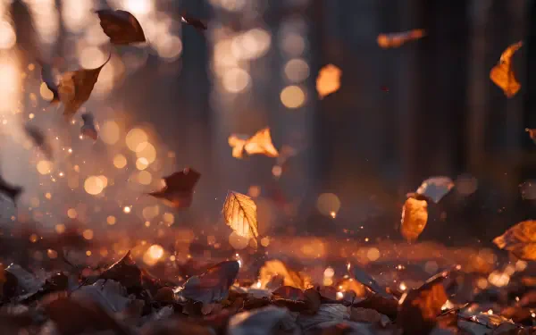 Golden Hour bokeh of falling leaves above a blurred leaf pile, warm light and floating particles — 2K Quad HD PC desktop wallpaper/background.