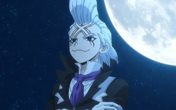 HD PC desktop wallpaper of Dr. Xeno from the anime Dr. Stone — white-haired scientist in a dark suit standing confidently beneath a large full moon and starry sky.