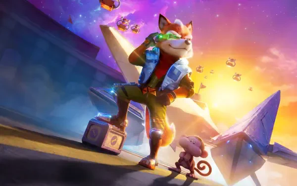 4K Ultra HD PC wallpaper for The Super Mario Galaxy Movie: cartoon of Fox McCloud standing heroically with a small companion against a glowing galaxy sky.