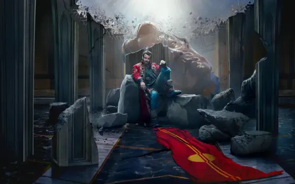 Foundation-themed 4K Ultra HD PC desktop wallpaper: two robed figures on a crumbling throne in a ruined hall, a red banner trailing across broken marble under dramatic light.