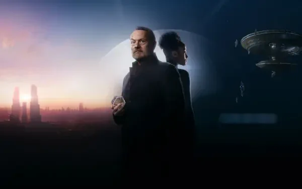 Foundation 4K Ultra HD PC desktop wallpaper: two silhouetted figures back-to-back before a glowing futuristic skyline at dusk, hovering craft and distant towers under a hazy, cinematic sky.