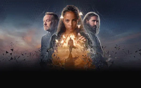 Foundation 4K Ultra HD PC desktop wallpaper: three figures flank a glowing gear-like portal as a silhouetted person walks through, shards drifting against a moody cosmic background.