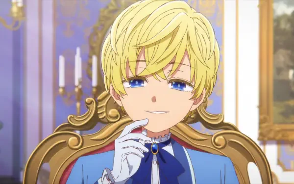 HD PC desktop wallpaper of Cecil Glo Alphasta from An Observation Log of My Fiancée Who Calls Herself a Villainess: blond prince in blue coat, smirking on an ornate chair.