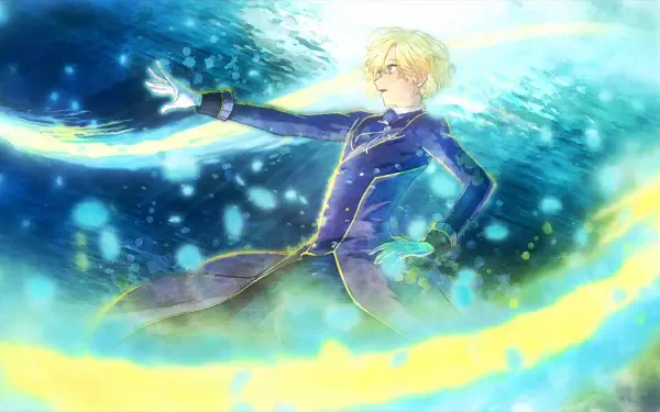 HD anime wallpaper of Cecil Glo Alphasta from An Observation Log of My Fiancée Who Calls Herself a Villainess, blond prince casting swirling blue and gold magic.