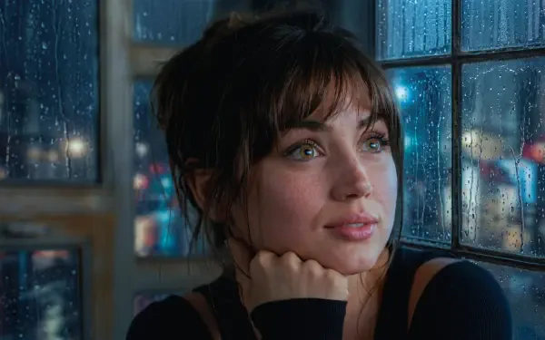 Close-up of Joi (Blade Runner 2049) gazing through a rain-speckled window, neon cyberpunk palette, 5K UHD desktop wallpaper.