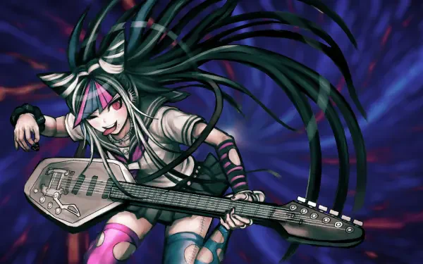 Ibuki Mioda from Danganronpa 2: Goodbye Despair shredding an electric guitar amid purple-blue swirls — HD PC desktop wallpaper/background.