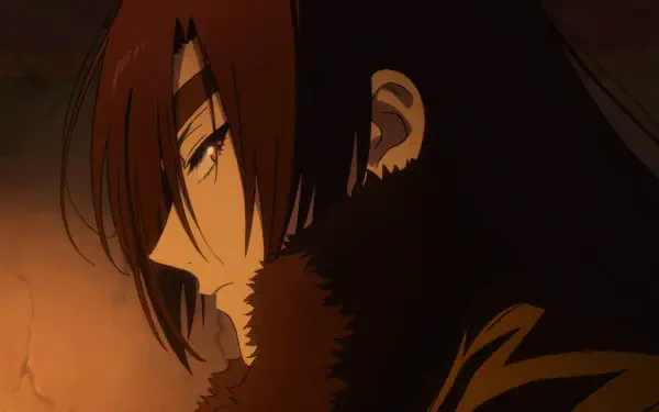 Close-up profile of Asa from Daemons of the Shadow Realm, dark hair and fur collar bathed in warm light — HD PC desktop wallpaper