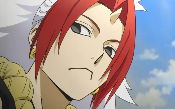 HD anime desktop wallpaper: Hidari from Daemons of the Shadow Realm — red-haired, single horn and gold earring, gazing down against a bright blue sky.