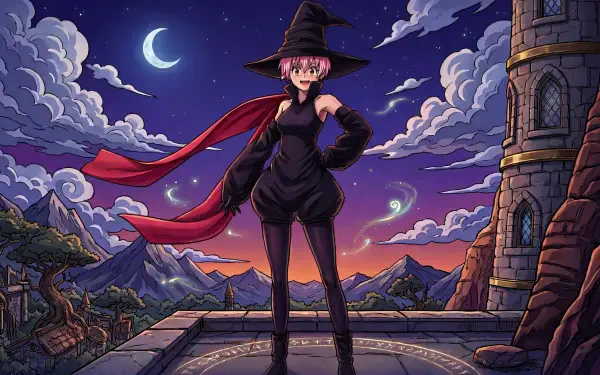 5K Ultra HD PC wallpaper: Inca (Fire Force) as a witch — anime girl in black dress and pointed hat, red scarf flowing on a moonlit rooftop with mountains and a stone tower.