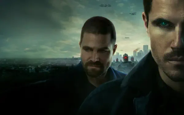 HD PC desktop wallpaper and background for Code 8: Part 2 showing two intense men in dark coats before a moody, green-tinted city skyline.