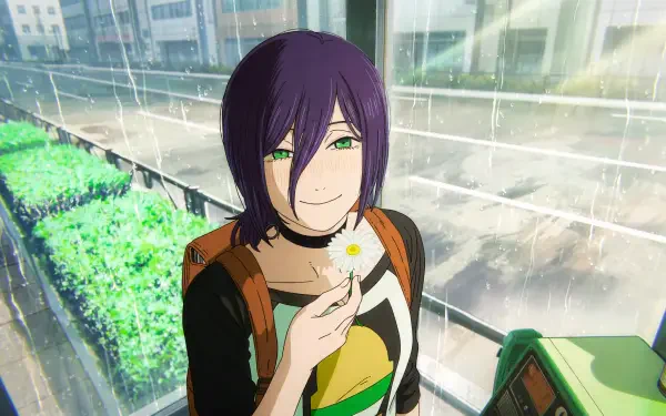 Reze (Chainsaw Man) holding a daisy, smiling on a rain-soaked urban balcony — anime girl 5K Ultra HD PC desktop wallpaper.