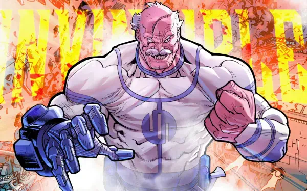 HD PC desktop wallpaper of Invincible comic villain Conquest: hulking purple-skinned warrior in a torn white singlet, clenched fist and outstretched arm before a fiery, ruined city backdrop.