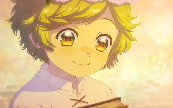 HD PC desktop wallpaper of Coco from Witch Hat Atelier — close-up anime portrait bathed in warm golden light, smiling gently while holding a book.