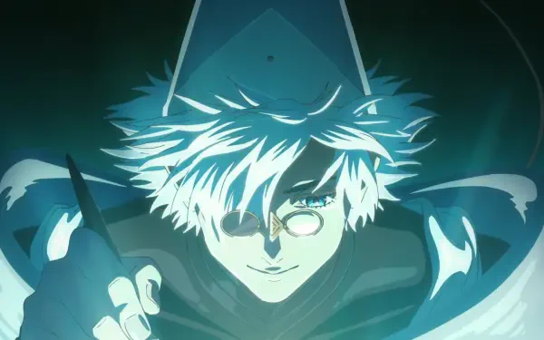 Anime HD PC desktop wallpaper of Qifrey from Witch Hat Atelier, hooded with a monocle, casting cyan magical energy as he draws with a glowing pen.