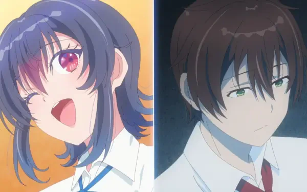 Anime HD PC wallpaper: split portraits of Umi Asanagi (navy hair, pink eyes, winking) and Maki Maehara (brown hair, green eyes, neutral) — I Made Friends with the Second Prettiest Girl in My Class