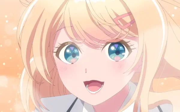 HD anime desktop wallpaper: Yuu Amami from I Made Friends with the Second Prettiest Girl in My Class — smiling blonde girl with sparkling teal eyes and soft glowing background.