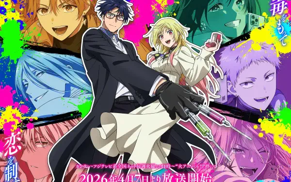 HD desktop wallpaper for Marriage Toxin anime featuring Hikaru Gero and Mei Kinosaki center stage amid neon paint-splash portraits of other characters.