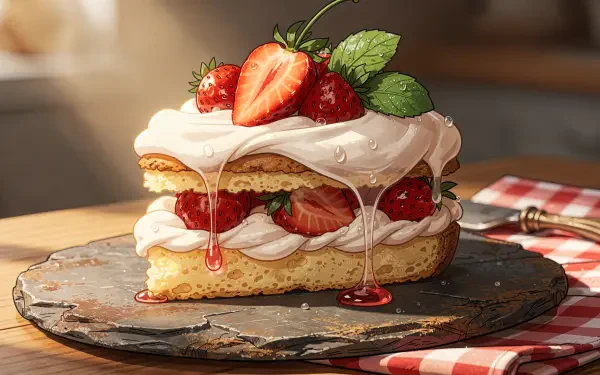 4K Ultra HD PC desktop wallpaper of a glazed strawberry shortcake slice with whipped cream, fresh berries and mint on a slate plate, warm kitchen background.