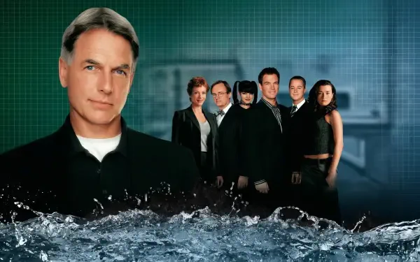 HD PC desktop wallpaper of the NCIS TV show: a large male lead portrait beside a lined-up investigative team, waves splashing in the foreground and a blurred forensic lab backdrop.