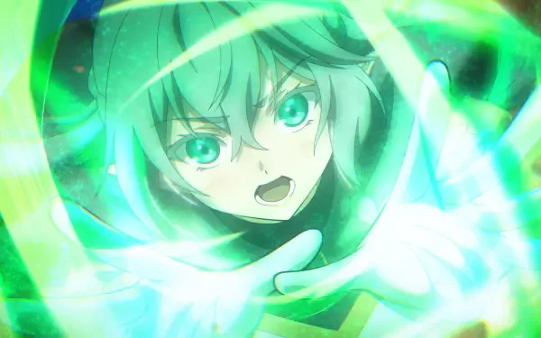 Anime HD desktop wallpaper of Tessia Eralith from The Beginning After The End, conjuring swirling green magic with a determined, intense expression.