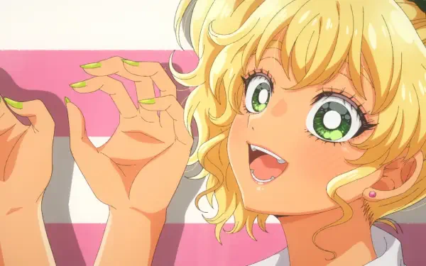 Anime HD PC desktop background of Kotoko Ijichi from Gals Can't Be Kind to Otaku!? Close-up of a cheerful, curly‑blonde girl with wide green eyes and raised hands against pink stripes.